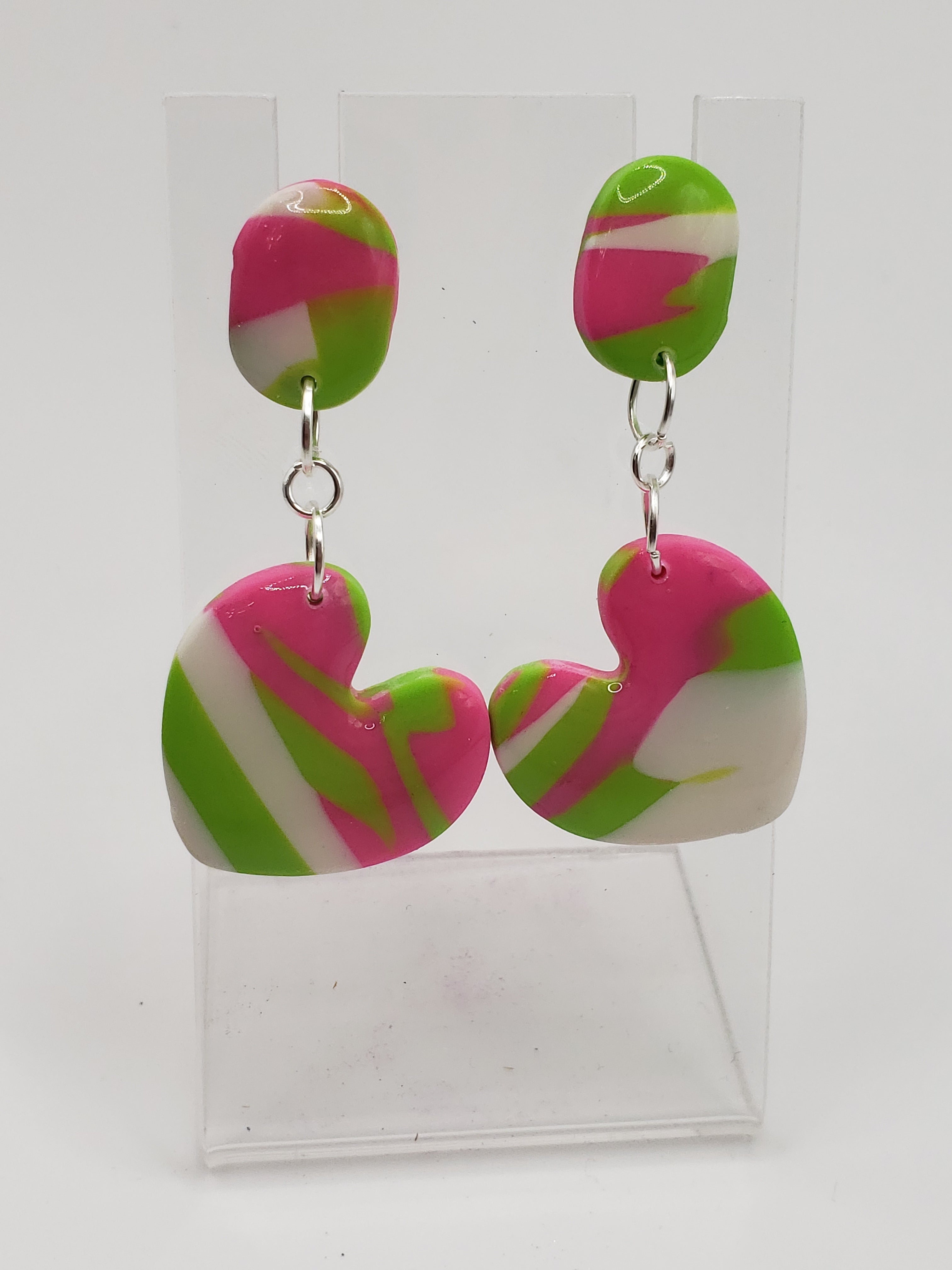 Heart Dangle with Oval post; random pattern: neon pink, neon green, white
