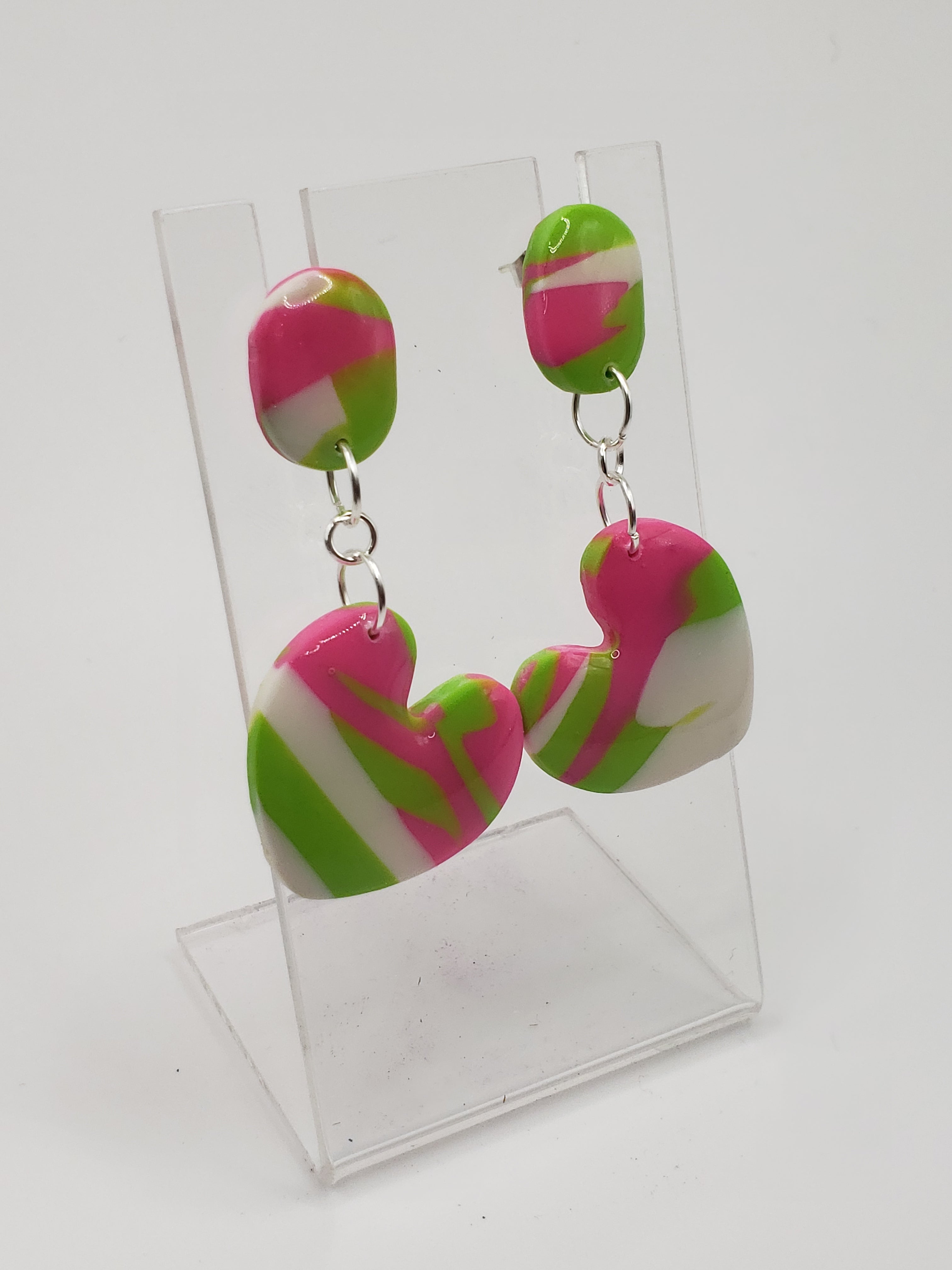 Heart Dangle with Oval post; random pattern: neon pink, neon green, white
